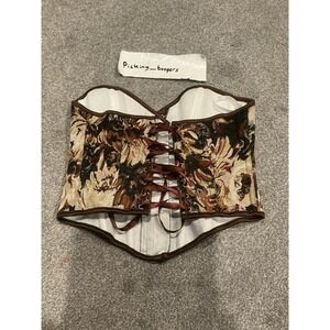 Women Square Neck Sexy Floral Print Metal Eyelet Tie Knot Corset Woman size S